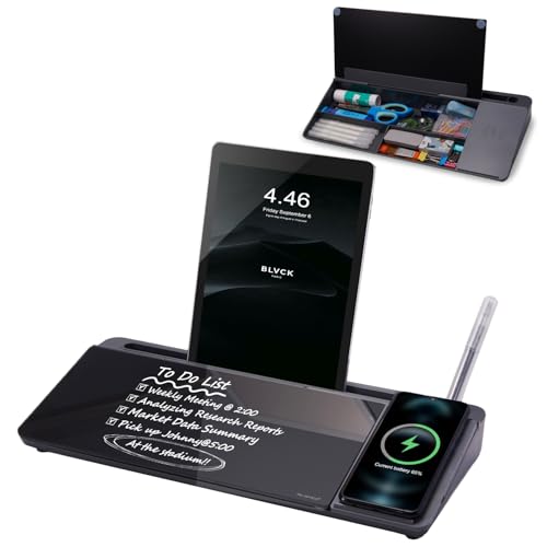 Small Glass Desktop Whiteboard Dry-Erase-Board - Computer Keyboard Stand with Wireless Charger White Board Surface Pad with Drawer, Desk Organizers with Accessories for Office, Home, School Supplies