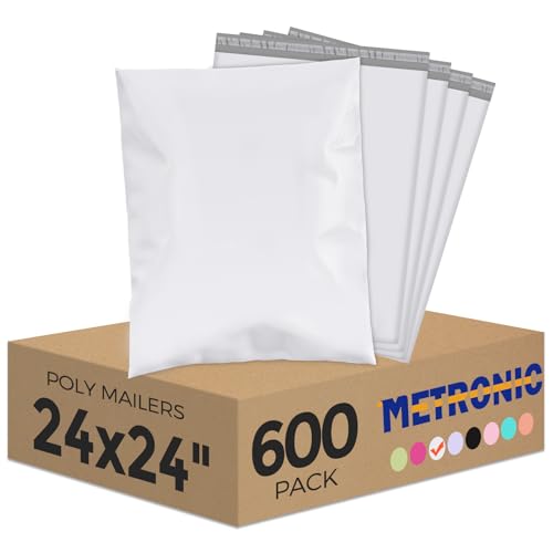 METRONIC Large Poly Mailers 24x24" 600PC White, Strong Adhensive Shipping Bags for Clothing, Waterproof Packaging Bags, Bulk Shipping Envelopes for Small Business, Mailers Poly Bags Mailing Envelope