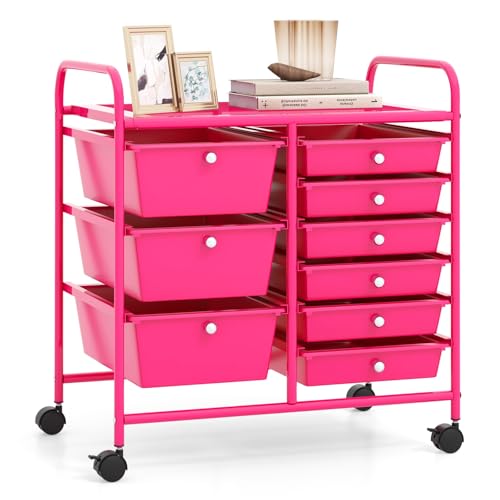 RELAX4LIFE 9 Drawer Rolling Storage Cart - Mobile Drawer Carts for Craft Art Supply Paper Salon, Utility Cart on Wheels for Classroom Teacher School Office, Rolling Cart with Drawers (Hot Pink)