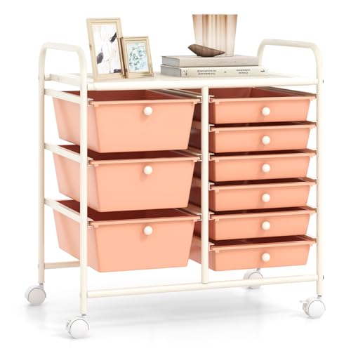 RELAX4LIFE 9 Drawer Rolling Storage Cart - Mobile Drawer Carts for Craft Art Supply Paper Salon, Utility Cart on Wheels for Classroom Teacher School Office, Rolling Cart with Drawers (Pink)