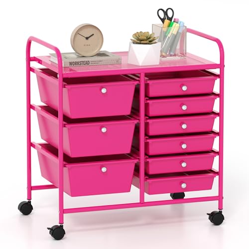 GOFLAME 9-Drawer Rolling Storage Cart, Mobile Utility Cart with Removable Drawers & Metal Frame, Art Craft Organizer Cart with Lockable Wheels, Storage Drawer Cart for Home Office School, Hot Pink