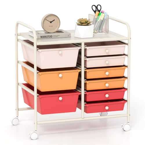 GOFLAME 9-Drawer Rolling Storage Cart, Mobile Utility Cart with Removable Drawers & Metal Frame, Art Craft Organizer Cart with Lockable Wheels, Storage Drawer Cart for Home Office, Macaron Color