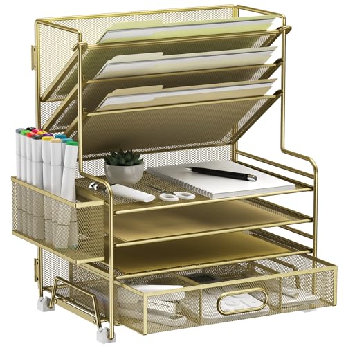 4-Tier Paper Organizer + 3-Pocket File Holder + Drawer + Pen Holders, Desktop File Organizers Paper Tray for Office Supplies School Classroom Organization (Gold, with Drawer & Pen Holder)
