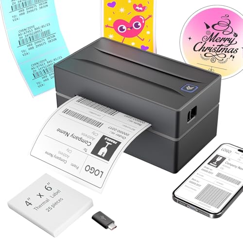 Bluetooth Thermal Shipping Label Printer: 4x6 Wireless Mini Clear Label Maker with Waterproof Tape for Small Business - Widely Used for USPS UPS Ebay Amazon Shopify Etsy