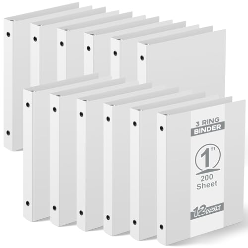 Henoyso 12 Pcs Mini 3 Ring Binders Plastic 1'' Binder, Fits 5.5" x 8.5" Paper Holds(Capacity 200 Sheets), Flexible Three Round Rings Small White Binders Bulk for School, Office Use, Photo Album Pages
