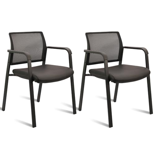 CLATINA Stackable Office Chair, Mesh Back Guest Chairs with Comfortable Leather Seat Arms Stacking Ergonomic Desk Chair No Wheels for Conference Waiting Reception School Stationary, Black, Set of 2