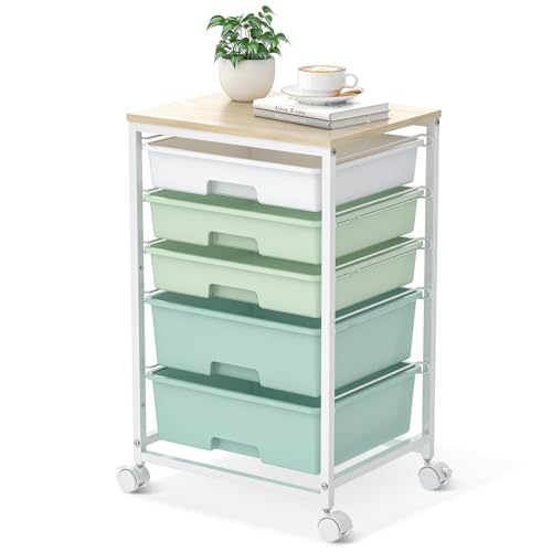 Craft cart,Rolling Cart with Drawers,Storage Cart with 5 Drawers and Wooden Tabletop for Under Desk Organizers and Storage,Green