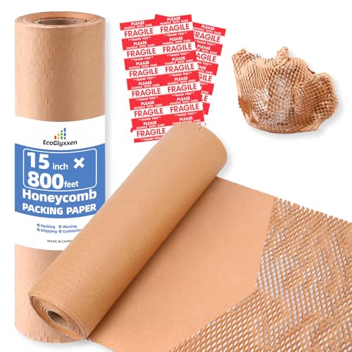 Honeycomb Packing Paper 15"x800'-Bubble Wrap Substitute Alternative for Shipping, Moving Supplies, Small Business Packaging, Packing Boxes & Gifts Wrapping Paper with 20 Fragile Stickers