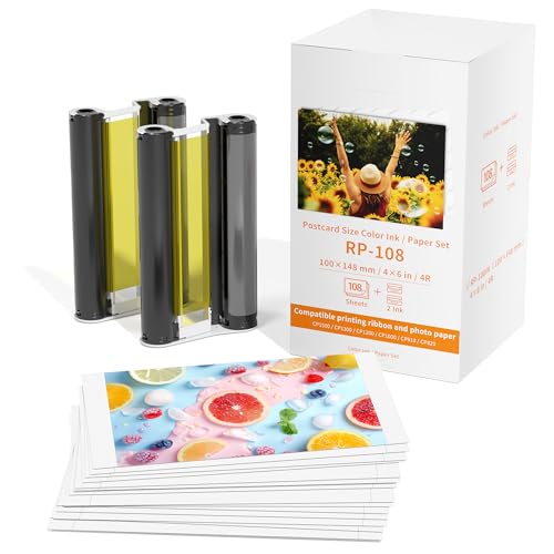 Compatible with Canon RP-108 Color Ink/Paper Set, 2 Color Ink and 108 Sheets 4x6 Photo, Compatible with Canon Selphy CP1300 CP1500 Photo Paper RP-108IN for CP910/CP820/CP1200/CP1300/CP1500