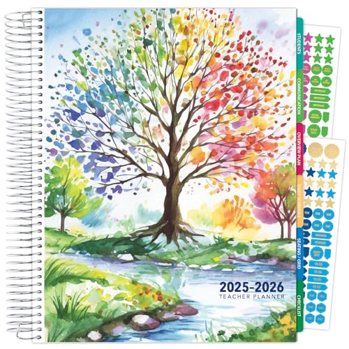 Aug 2025-Jul 2026 Deluxe Teacher Planner Notebook 8.5x11 Daily Weekly Monthly Organizers with 7 Periods, Pocket Folder, Dated Calendar, Page Tabs, Bookmark and Planning Stickers (Tree Seasons)
