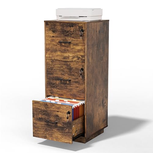 VINGLI 3 Drawer File Cabinet with Lock, Home Office Filing Organizer, for Letter Size File Folder Storage, Wood Tall Vertical Filing Cabinet, Printer Stand, Archivador (Rustic Brown)