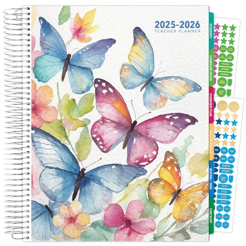 Aug 2025-Jul 2026 Deluxe Teacher Planner Notebook 8.5x11 Daily Weekly Monthly Organizers with 7 Periods, Pocket Folder, Dated Calendar, Page Tabs, Bookmark and Planning Stickers (Watercolor Butterflies)