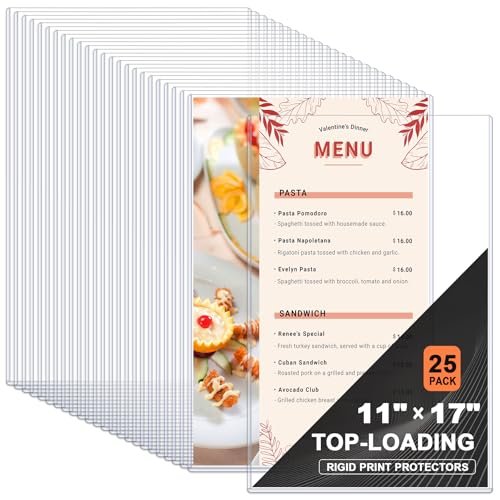Ndsox 25 Pack 11" x 17" Rigid Print Protectors - Heavy Duty Hard Plastic Sheet Page Protectors - Crystal-Clear Menu Holders - Top Loading Art Prints Sleeves for Documents Magazines Posters Photographs
