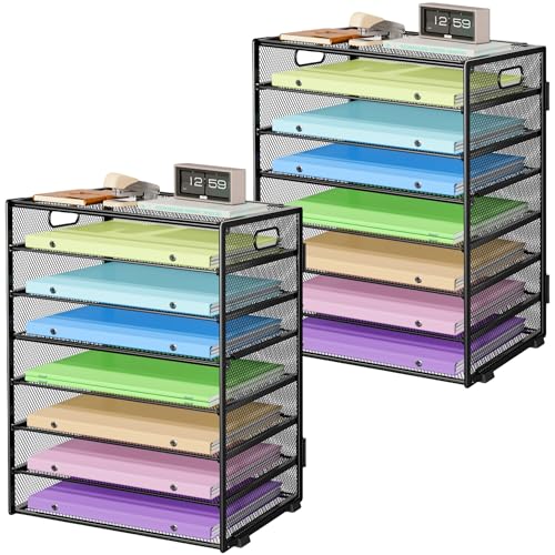 2 Pack 8 Tier Paper Organizer with Handle, Metal Mesh Desk File Organizer, Large Capacity Desk Organizers Paper Letter Tray Desktop Document Sorter for Office, Home or School - Black