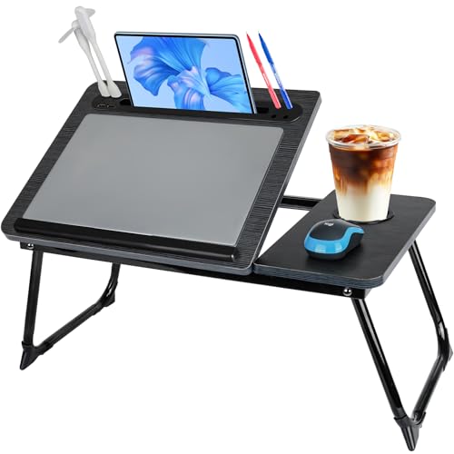 Laptop Bed Desk, Adjustable Lap Desk, Small Laptop Table with USB Charge Port, Desktop Card &Pen Slot, Cup Holder, Foldable Bed Tray Table for Couch Sofa Chair Floor Eating Working