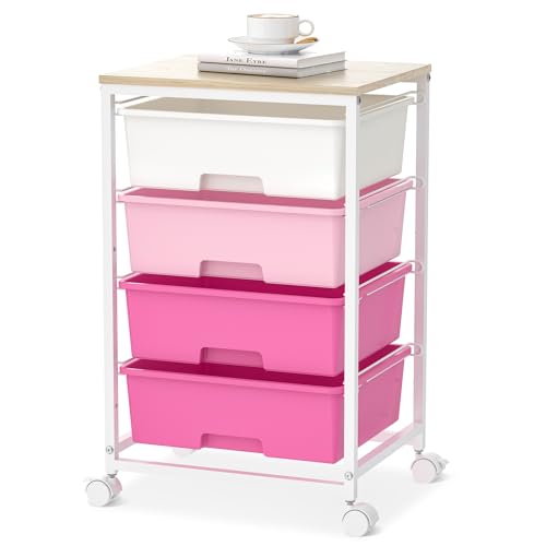 Utility-Rolling-Craft-Storage-Cart-Organizer with 4 Drawers and Wooden Tabletop, 4 Tier Drawer Cart for Home Office, Kid Room, Classroom Teacher, Dorm, Pink