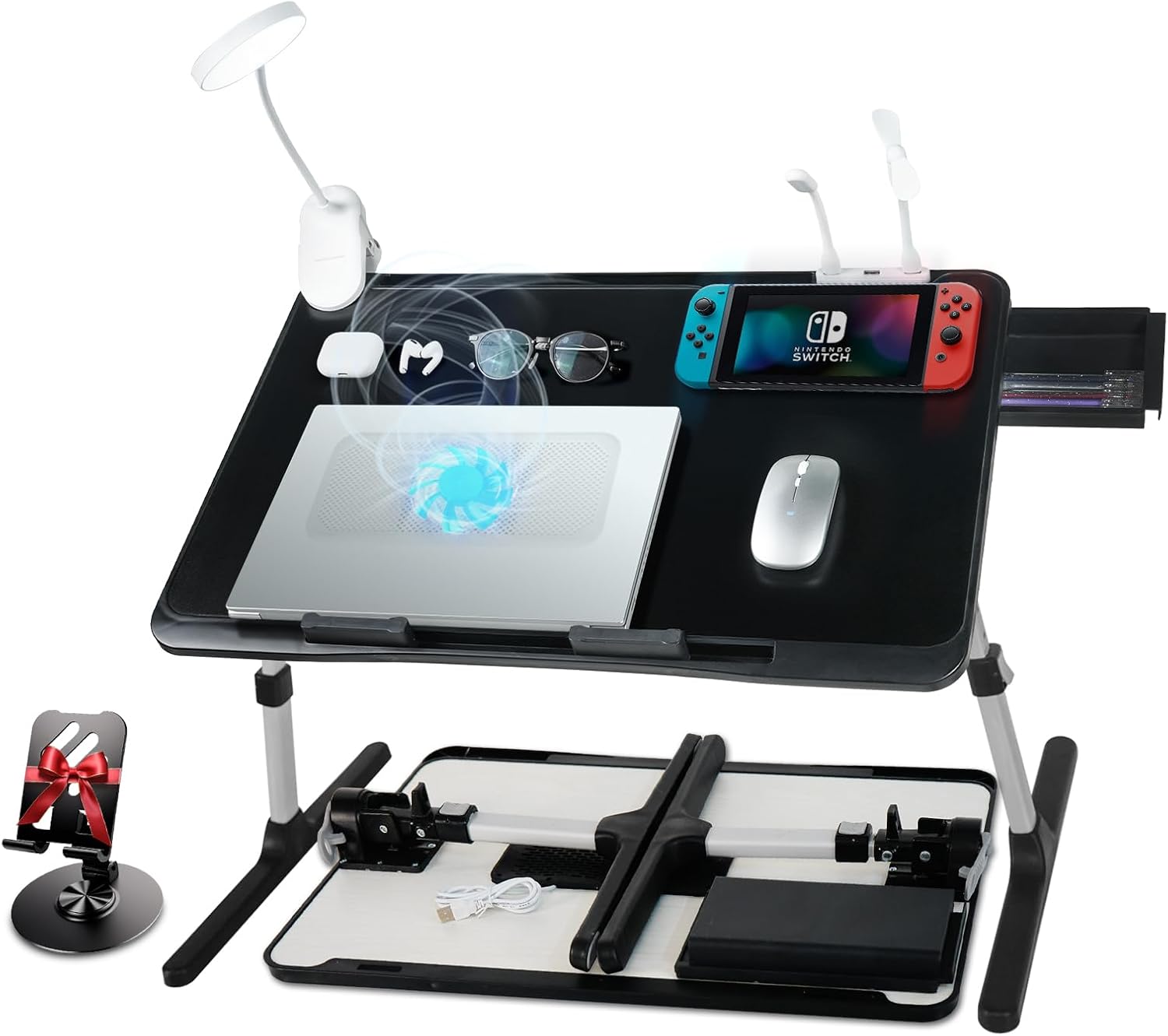 iXTRA Laptop Lap Desk Include Cooling Fan,Adjustable Lap Desk with Light Fan,Folding Laptop Desk for Bed with USB,Bed Desk with Storage Drawer 60 * 40cm,Black