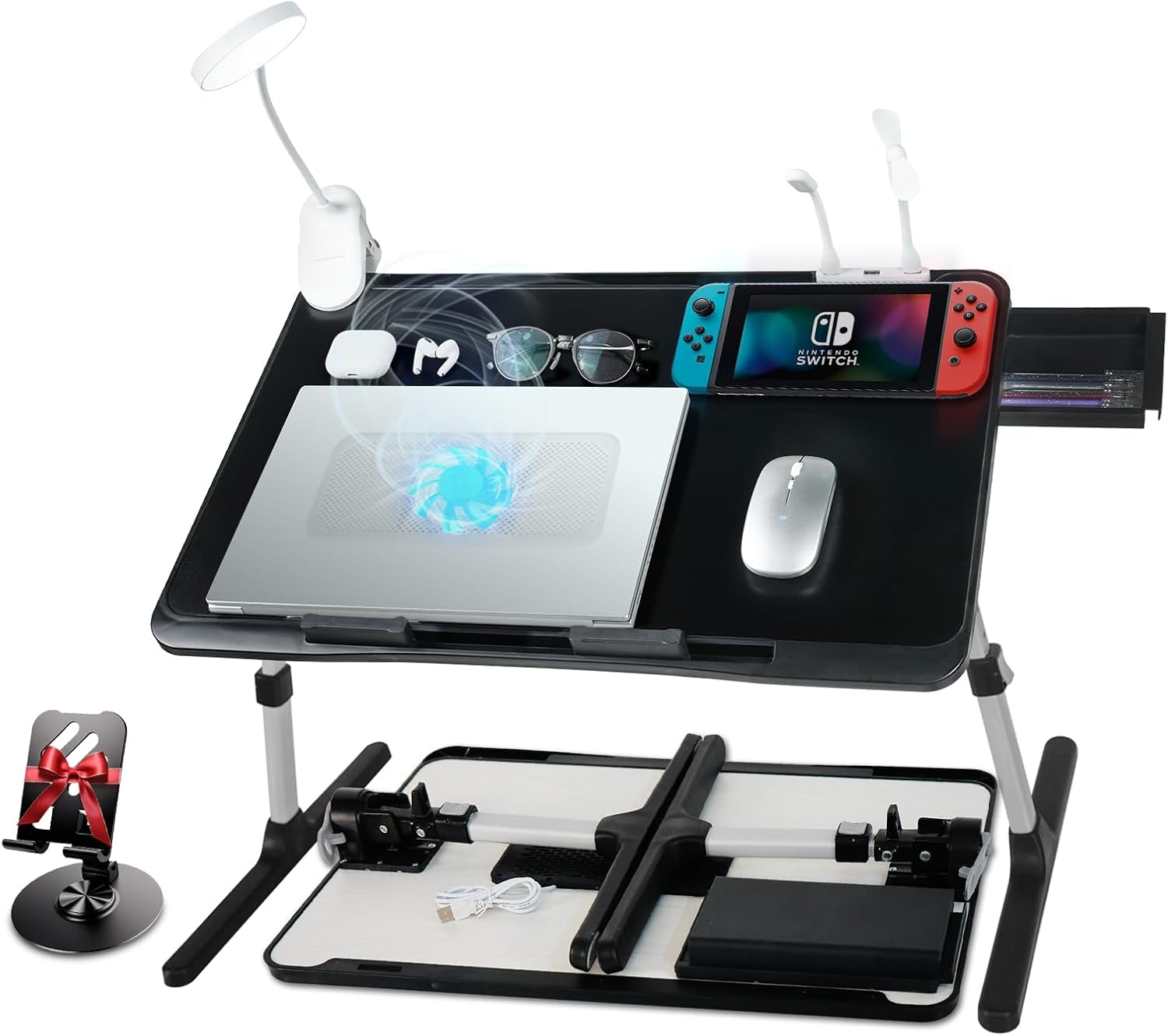 iXTRA Laptop Lap Desk Include Cooling Fan,Adjustable Lap Desk with Light Fan,Folding Laptop Desk for Bed with USB,Bed Desk with Storage Drawer 56 * 32cm,Black