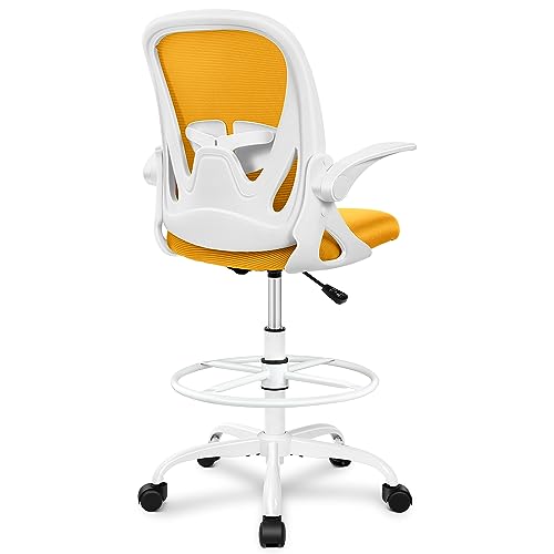 Primy Drafting Chair Tall Office Chair with Flip-up Armrests Executive Ergonomic Computer Standing Desk Chair with Lumbar Support and Adjustable Footrest Ring (Mustard)