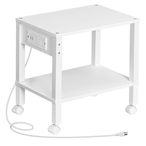 HOOBRO 2-Tier Printer Stand with Charging Station, Under Desk Printer Table, Printer Cart with Storage Shelves, Shelf for Small Spaces, for Home Office, White WT38UPS01