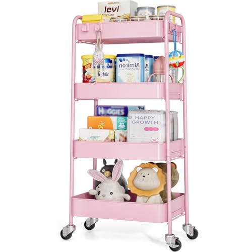 TOOLF 4-Tier Metal Rolling Cart with Wheels, Storage Utility Organizer Cart for Kitchen, Bathroom, Office, Baby Essentials & Makeup - Lockable Casters, Easy Assembly, 132 lbs Capacity, Pink