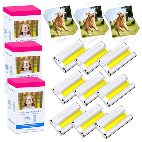 Compatible for Canon Selphy CP1500 CP1300 Ink and Paper KP-108in 4x6 Photo Paper Compatible with CP Printer CP910 CP780 CP1200 CP1000 CP810 CP760 CP720 (108 Sheets + 3 Ink per Set, 3 Set)