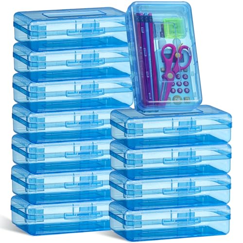 Leelosp 12 Pack Clear Pencil Boxes for School Bulk Plastic Pencil Case with Lid Hard Large Crayon Storage Box Stackable Classroom Stationery Organizer School Supplies for Adult(Blue)