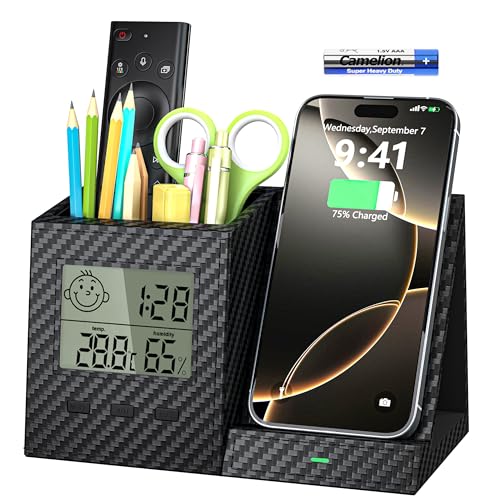 Multifunctional Pen Holder and Organizer for Desk with Wireless Charger, Digital Indoor Thermometer and Humidity Gauge, Home Office Organizers and Storage (Battery Included)