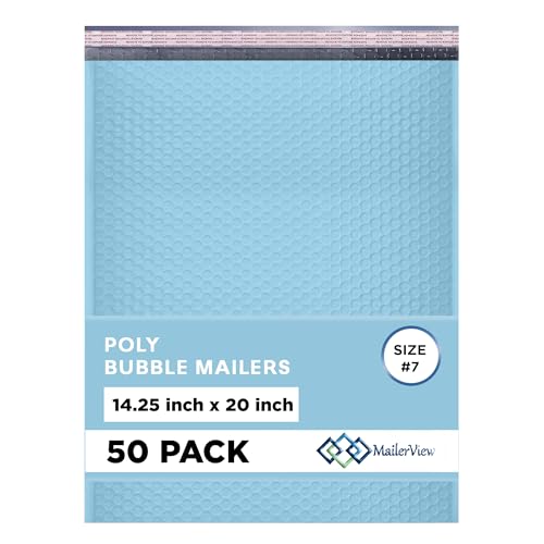 Light Blue Extra Large Poly Bubble Mailers 14.25x20 inch #7 | Self Seal Large Padded Envelopes | Air Cushioned Bubble Mailer | Usable Size 14.25x19 Lightweight Mailing Shipping Bags| 50 Pack Bulk