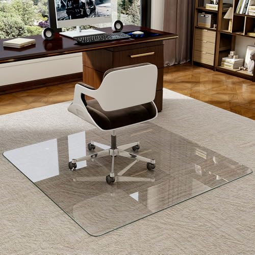 47" x 47" Tempered Glass -Glass Chair Mat, Heavy Duty Hard Floor Mat with Round Corner and Polished Edge, Office Chair Mat for Carpet Office Home Hardwood Floor Desk
