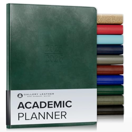 Gallery Leather Academic Planner 2025-2026, Teacher and Student Weekly Monthly Planner, Elegantly Bound Calendar with Gold-Gilded Page Edges, 18 Months - Acadia Green - 9x7"