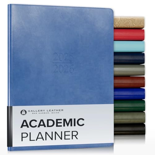 Gallery Leather Academic Planner 2025-2026, Teacher and Student Weekly Monthly Planner, Elegantly Bound Calendar with Gold-Gilded Page Edges, 18 Months - Acadia Hydrangea - 9x7"