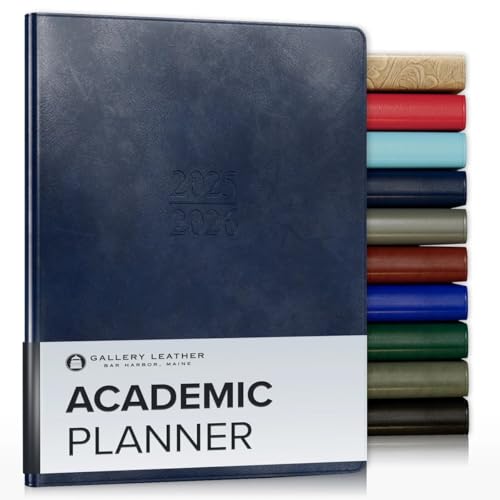 Gallery Leather Academic Planner 2025-2026, Teacher and Student Weekly Monthly Planner, Elegantly Bound Calendar with Gold-Gilded Page Edges, 18 Months - Acadia Navy - 9x7"