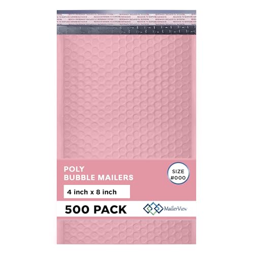 Light Pink Small Bubble Mailers 4x8 Inch #000 | Thick Padded Poly Bubble Mailer Envelopes | 500 Pack Bulk | Trading Card Sports Card Shipping
