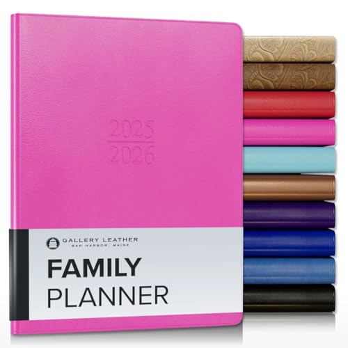 Gallery Leather Family Planner 2025-2026 for moms, Elegantly Bound Calendar Planner and Notebook with Stylish White Page Edges, 18 Months - Caribbean Fuchsia - 9 x 7 "