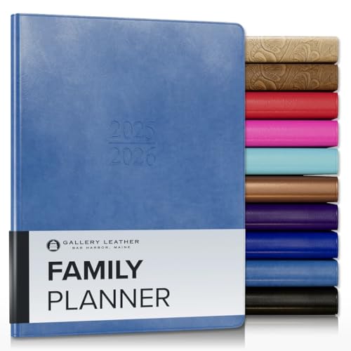 Gallery Leather Family Planner 2025-2026 for moms, Elegantly Bound Calendar Planner and Notebook with Stylish White Page Edges, 18 Months - Acadia Hydrangea - 9 x 7 "