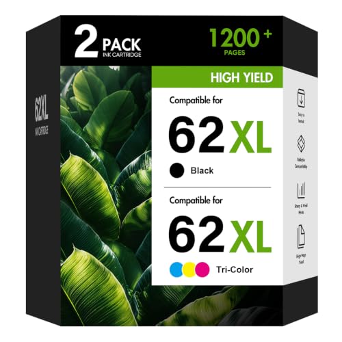 62XL 62 Ink Cartridges Black and Color Combo Pack Envy 7640 Remanufactured Replacement for HP 62XL 62 Ink Envy 5660 5540 7645 5740 5746 OfficeJet 250 200 Printer,Black,Tri-Color,2-Pack