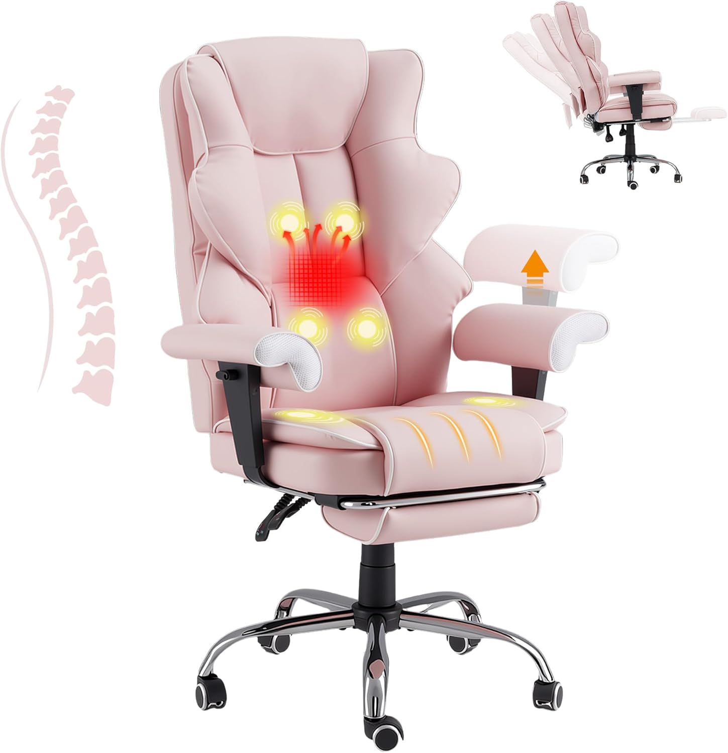 HOMREST 6-Point Massage Executive Chair,Heat Office Chair,Ergonomic Home Office Desk Chairs with Retractable Footrest and Reclining Function,Leather Computer Chair with Adjustable Armrest(Pink)