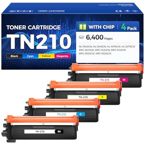 TN210 Toner Cartridge Set 4-Pack with Chip Replacement for Brother TN210 TN-210 Compatible with MFC-9325CW MFC-9125CN HL-3070CW MFC-9320CW HL-3075CW MFC-9120CN (1 Black 1 Cyan 1 Magenta 1 Yelllow)