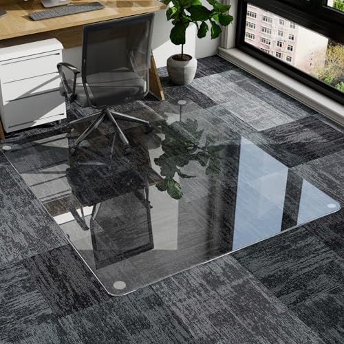 GLSLAND 46"x46" Tempered Glass Chair Mat Square Heavy-Duty Floor Protector for Carpet & Hard Floors Scratch-Resistant Office Computer Desk Mat 1/5" Clear