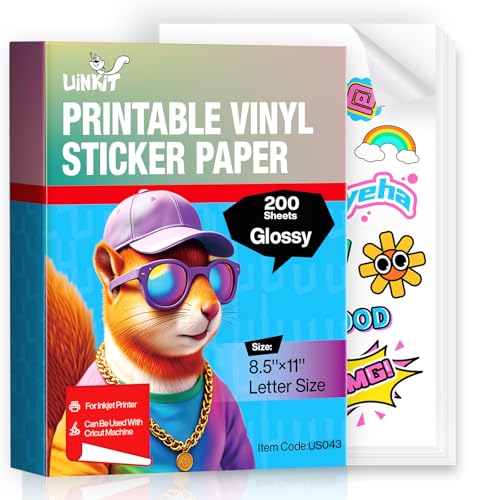 Premium Glossy Printable Vinyl Sticker Paper - 200 Waterproof, Quickly-Dries, Strong-Adhesive Sheets for Pet Photos & Kids Crafts, Tear-Resistant Decals (Letter Size 8.5"x11") for Inkjet Printers
