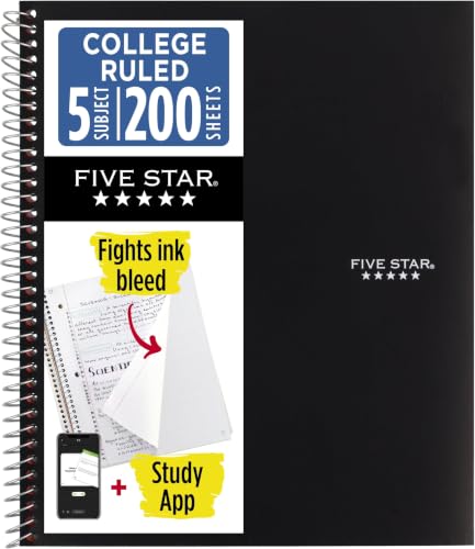 Five Star Spiral Notebook + Study App, 5 Subject, College Ruled Paper, Fights Ink Bleed, Water Resistant Cover, 8-1/2" x 11", 200 Sheets, Black (72081) (Pack of 6)