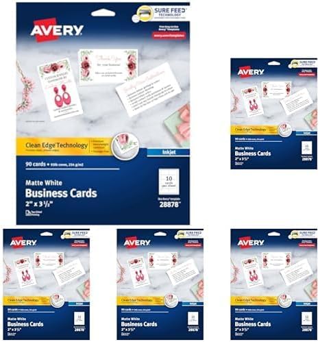 Avery Clean Edge Business Cards White | Printable | For Inkjet Printers | Sure Feed Technology | 2" x 3.5" | 90 Cards, Pack of 5