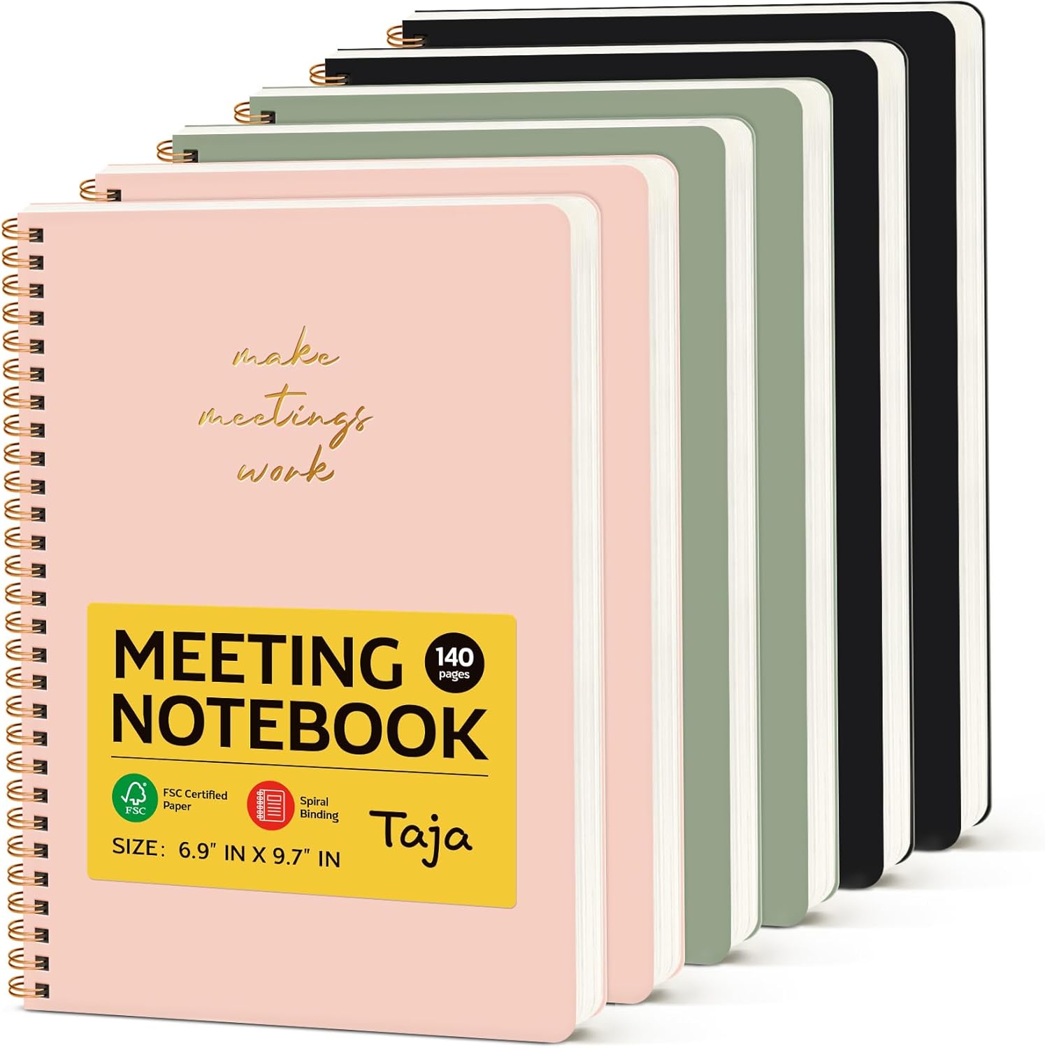6 Pack of Meeting Notebook for Work Organization - Meeting Minutes Planner Notebook, 140 Pages, 100gsm, Twin-Wire Spiral (Multi)