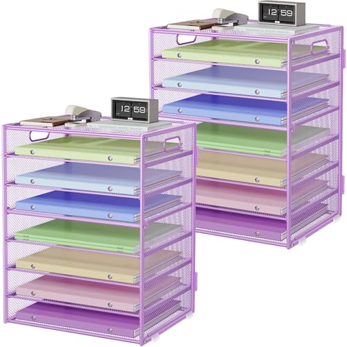 Paper Organizer with Handle Metal Mesh File Sorter for Desk Organizers Paper Letter Tray Desktop Document Sorter for Office or School 2 Pack 8 Tier Purple Desk Storage
