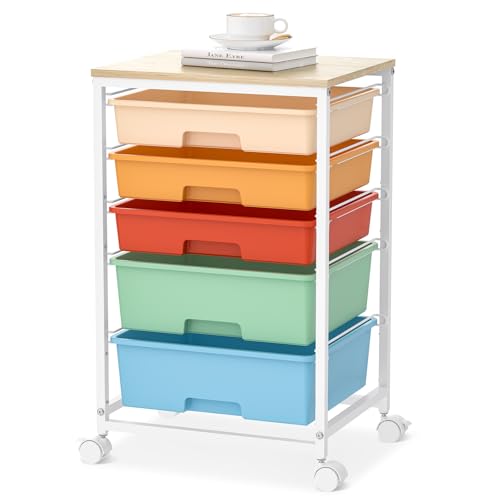 Craft cart,Rolling Cart with Drawers,Storage Cart with 5 Drawers and Wooden Tabletop for Under Desk Organizers and Storage,Macaron