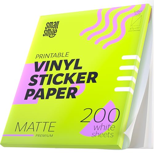 Premium Printable Vinyl Sticker Paper for Inkjet Printer and Laser - 200 White Matte Sticker Paper Waterproof - Durability Adhesive Paper 8.5x11 (Matte, 200 Sheets)
