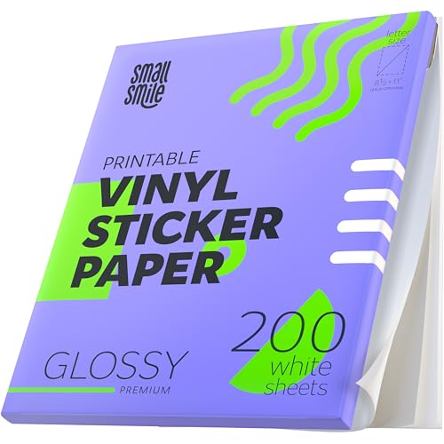 Premium Printable Vinyl Sticker Paper for Inkjet Printer and Laser - 200 White Glossy Sticker Paper Waterproof - Durability Adhesive Paper 8.5x11 (Shine Glossy, 200 Sheets)