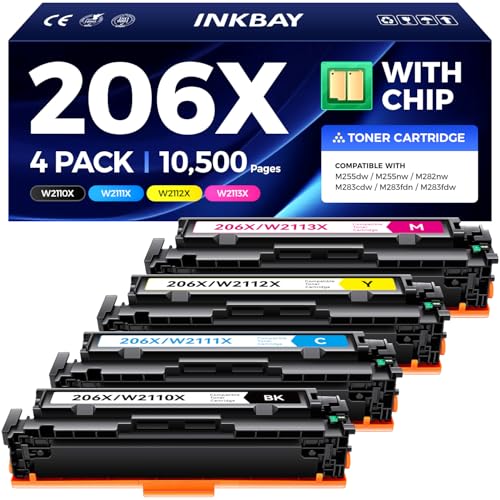 206X Toner Cartridges High Yield with Chip Replacement for HP 206X 206A Toner Compatible with Color LaserJet Pro M255dw M255nw MFP M282nw M283cdw M283fdn M283fdw Printer W2110X W2110A (4 Pack-B/C/Y/M)