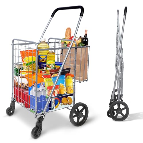 Whitmor Utility Folding Shopping Cart, 115L Heavy Duty Grocery Cart with Double Basket, 360 Swivel Wheels, Foldable Rolling Utility Trolley, 110 Lbs Capacity for Grocery, Laundry, Travel, Sliver